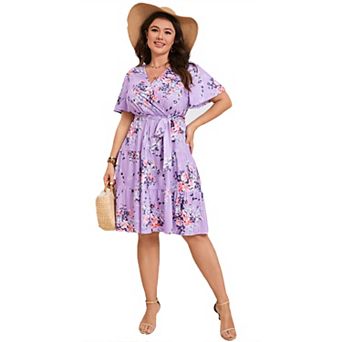 Plus Size Wrap Dress - V Neck Tiered Midi Dress with Belt Summer Dress for Brunch, Wedding & Casual