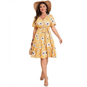 Plus Size Wrap Dress - V Neck Tiered Midi Dress with Belt Summer Dress for Brunch, Wedding & Casual