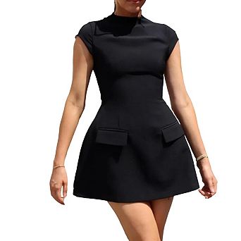 Women Cap Sleeve Mini Dress Round Neck A-Line Elegant Formal Party Short Dress