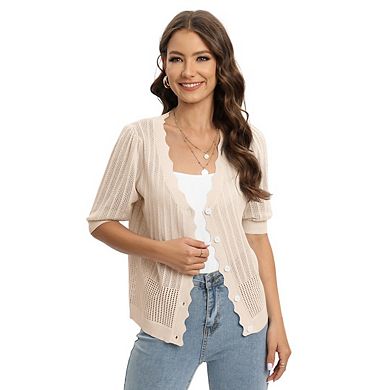 Women's Crochet V Neck Short Sleeve Cardigans Button Down Knit Sweater Tops Beach Vacation Clothes