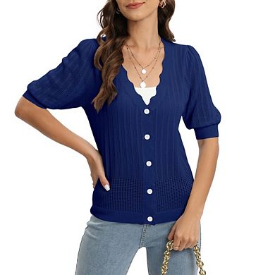 Women's Crochet V Neck Short Sleeve Cardigans Button Down Knit Sweater Tops Beach Vacation Clothes