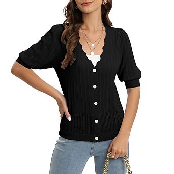 Women's Crochet V Neck Short Sleeve Cardigans Button Down Knit Sweater Tops Beach Vacation Clothes