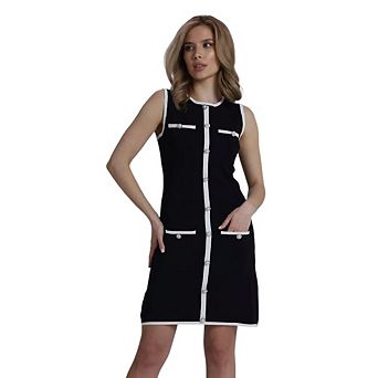 Women's Sleeveless Mini Dress Elegant Crew Neck Button Knit Bodycon Business Office Short Dresses