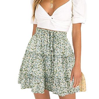 Womens Summer Cute High Waist Pleated Skirt Floral Print Swing Beach Mini Skirt