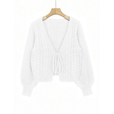 Women's Cardigan Sweaters Cropped Tie Front Bow Lightweight Long Sleeve Trendy Shrugs