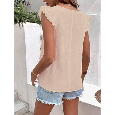 Women's Ruffle Tank Tops V Neck Solid Color Shirt Flying Sleeve Summer Casual Vest Blouses