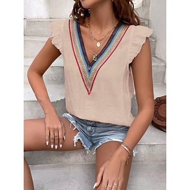 Women's Ruffle Tank Tops V Neck Solid Color Shirt Flying Sleeve Summer Casual Vest Blouses