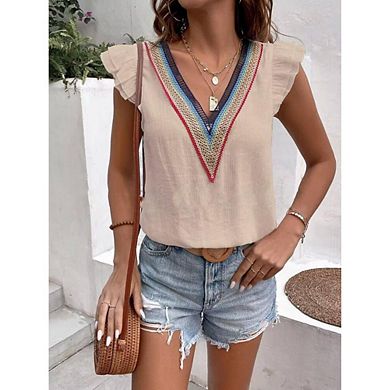 Women's Ruffle Tank Tops V Neck Solid Color Shirt Flying Sleeve Summer Casual Vest Blouses