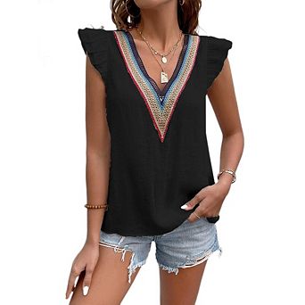 Women's Ruffle Tank Tops V Neck Solid Color Shirt Flying Sleeve Summer Casual Vest Blouses
