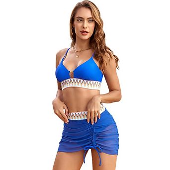 Women's High Waisted Bikini Sets Ruched Mesh Color Block Swimsuit Two Piece Drawstring Bathing Suit