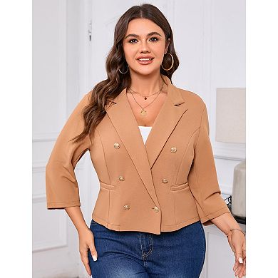 Women's Plus Size V-Neck Blazer 3/4 Sleeve Two-Button Jacket Casual Office Blazer With Pockets