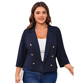 Women's Plus Size V-Neck Blazer 3/4 Sleeve Two-Button Jacket Casual Office Blazer With Pockets