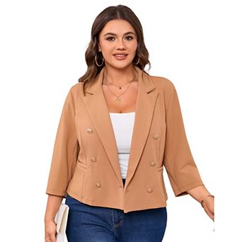 Women's Plus Size V-Neck Blazer 3/4 Sleeve Two-Button Jacket Casual Office Blazer With Pockets