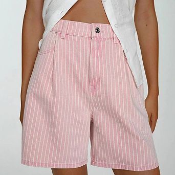 Women Summer Stripes Denim Pants Casual High Rise Wide Leg Short Jeans with Pockets