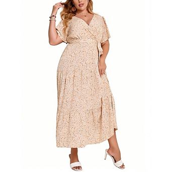 Women Plus Size V Neck Wrap Maxi Dress Short Sleeves High Waist Ruffle Summer Casual Dress with Belt