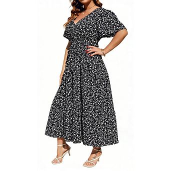 Women Plus Size V Neck Wrap Maxi Dress Short Sleeves High Waist Ruffle Summer Casual Dress with Belt