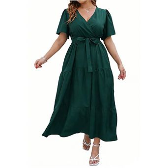 Women Plus Size V Neck Wrap Maxi Dress Short Sleeves High Waist Ruffle Summer Casual Dress with Belt