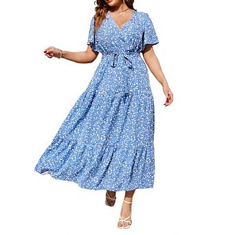 Women Plus Size V Neck Wrap Maxi Dress Short Sleeves High Waist Ruffle Summer Casual Dress with Belt