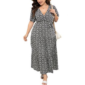 Women Plus Short Ruffle Sleeve Dress Causal Wrap V Neck Dress Flowy Midi Summer Dress