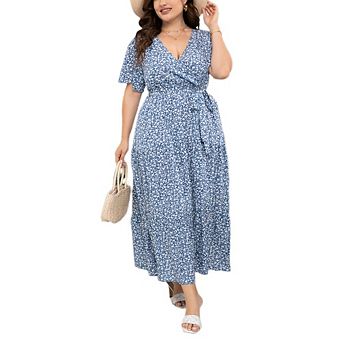 Women Plus Short Ruffle Sleeve Dress Causal Wrap V Neck Dress Flowy Midi Summer Dress