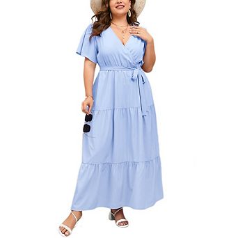Women Plus Short Ruffle Sleeve Dress Causal Wrap V Neck Dress Flowy Midi Summer Dress