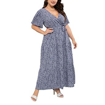 Women Plus Short Ruffle Sleeve Dress Causal Wrap V Neck Dress Flowy Midi Summer Dress
