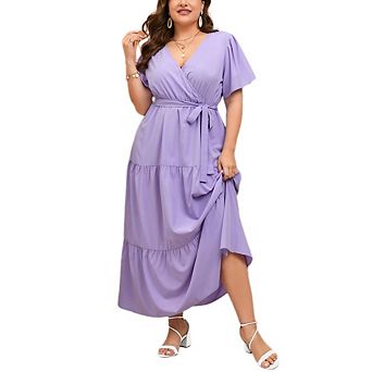 Women Plus Short Ruffle Sleeve Dress Causal Wrap V Neck Dress Flowy Midi Summer Dress
