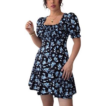 Women Boho Floral Dress Square Neck Puff Short Sleeve Self Tie Front High Waist A Line Dress Dresses