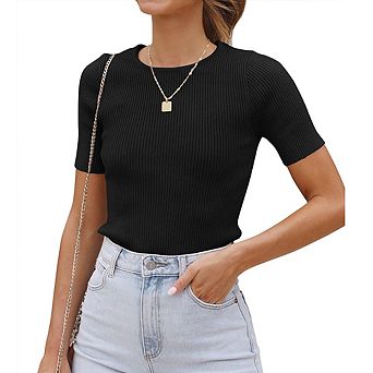 Womens Short Sleeve Ribbed Knit Pullover Sweater Spring Summer Round Neck Basic Sweater