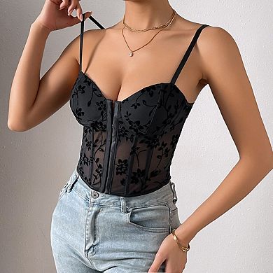 Women's Lace Bustier Cami Plain Sleeveless Slim Fit Sheer Mesh Short Tops