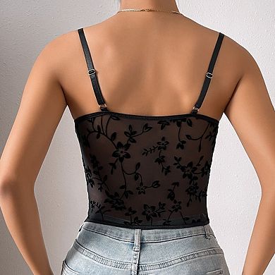 Women's Lace Bustier Cami Plain Sleeveless Slim Fit Sheer Mesh Short Tops