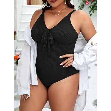 Women's Plus Size One Piece Swimsuit V Neck High Waisted Ribbed Striped Front Bow Swimwear