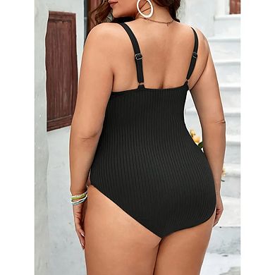 Women's Plus Size One Piece Swimsuit V Neck High Waisted Ribbed Striped Front Bow Swimwear