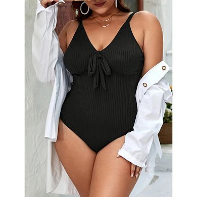 Women's Plus Size One Piece Swimsuit V Neck High Waisted Ribbed Striped Front Bow Swimwear