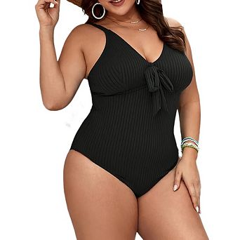 Women's Plus Size One Piece Swimsuit V Neck High Waisted Ribbed Striped Front Bow Swimwear