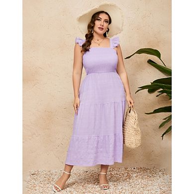 Women's Dresses Summer Sleeveless Smocked Square Neck Ruffle Casual Boho Midi Dress
