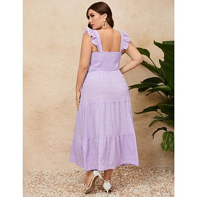 Women's Dresses Summer Sleeveless Smocked Square Neck Ruffle Casual Boho Midi Dress