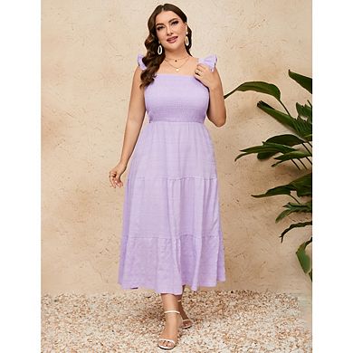 Women's Dresses Summer Sleeveless Smocked Square Neck Ruffle Casual Boho Midi Dress