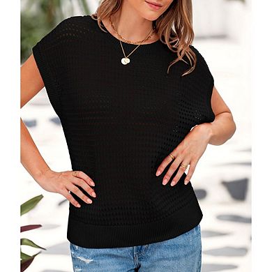 Women's Tops Shirts Crochet Cap Sleeve Sweater Pullover Beach Vacation Clothes