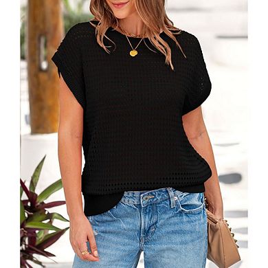 Women's Tops Shirts Crochet Cap Sleeve Sweater Pullover Beach Vacation Clothes