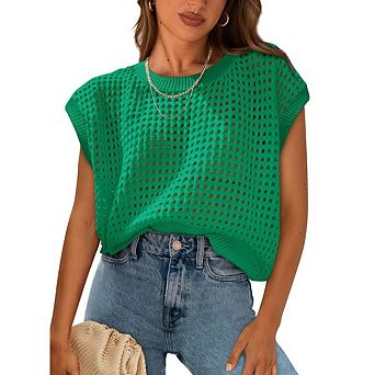 Women's Tops Shirts Crochet Cap Sleeve Sweater Pullover Beach Vacation Clothes
