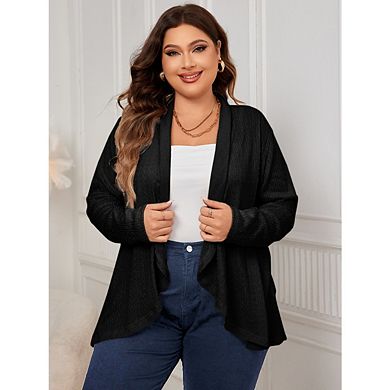 Women's Plus Size Cardigan Open Front Casual Lightweight Long Sleeve Draped Irregular Hem Knit Tops