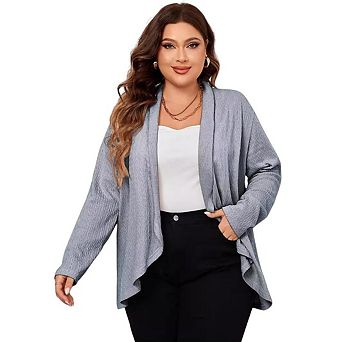 Women's Plus Size Cardigan Open Front Casual Lightweight Long Sleeve Draped Irregular Hem Knit Tops