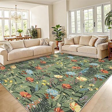 Floral Geometric Washable Area Rug, Low Pile Non-Slip Botanical Carpet for Home