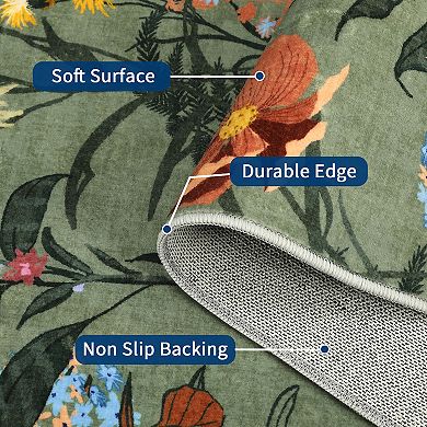 Floral Geometric Washable Area Rug, Low Pile Non-Slip Botanical Carpet for Home