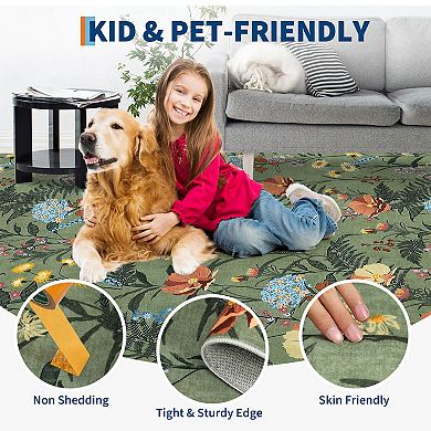 Floral Geometric Washable Area Rug, Low Pile Non-Slip Botanical Carpet for Home