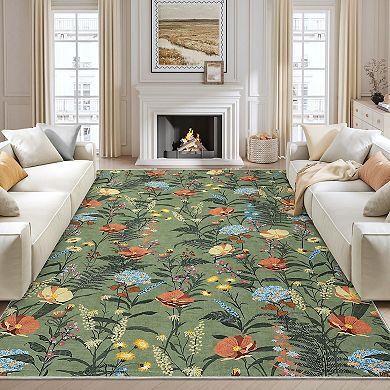 Floral Geometric Washable Area Rug, Low Pile Non-Slip Botanical Carpet for Home