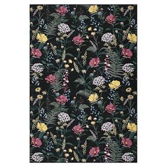 Floral Geometric Washable Area Rug, Low Pile Non-Slip Botanical Carpet for Home
