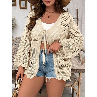 Women's Plus Size Cardigan Bow Tie Hollow Out Cardigans Sweaters Sheer Crochet Knit Outwear