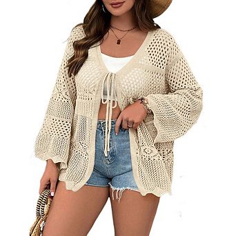 Women's Plus Size Cardigan Bow Tie Hollow Out Cardigans Sweaters Sheer Crochet Knit Outwear